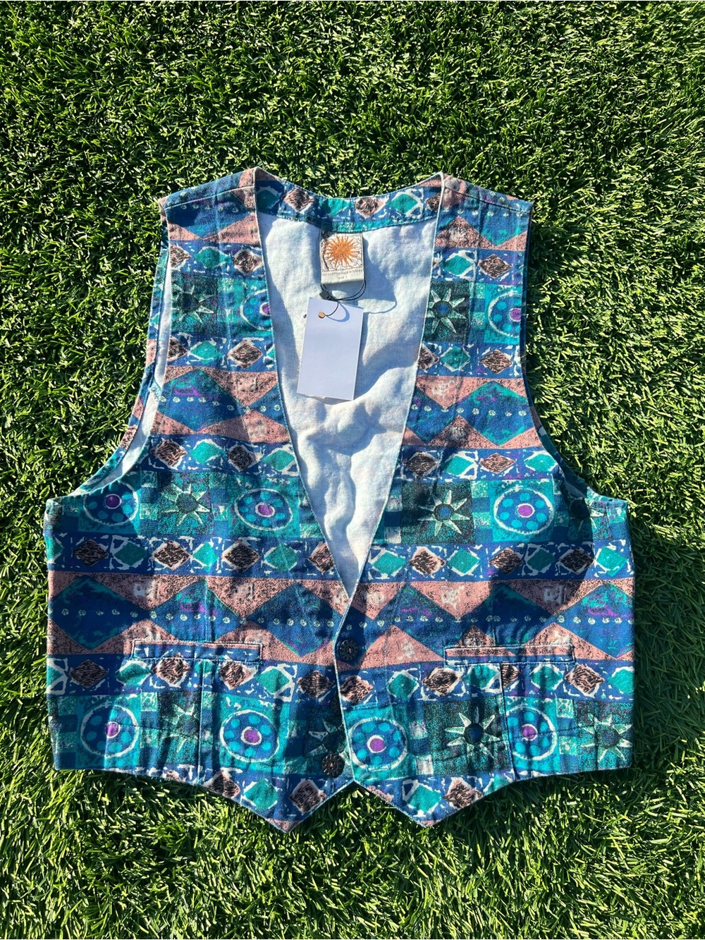 Chico's Patterned V-Neck Vest in Teal, Blue and Brown